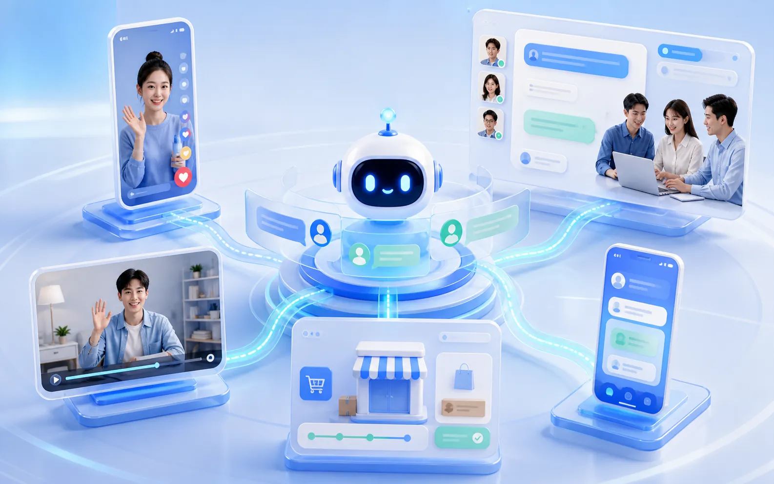 AI 员工通过多个客户渠道统一接待的示意图